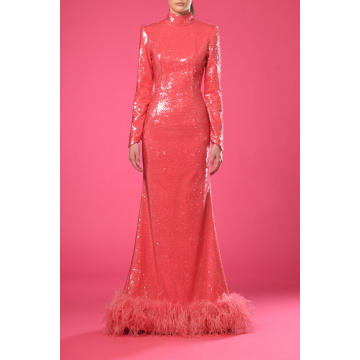 Pink sequins dress with boa feathers on hem