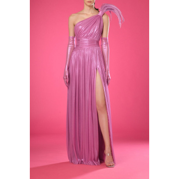 Pink silk foiled tulle dress with feathers