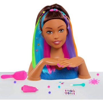 Cabezal de peluquería cabello castaño Barbie Deluxe estilo arcoíris