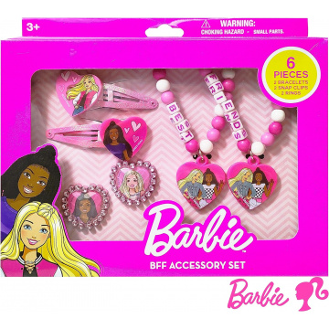 Luv Her Barbie Accesorios para niñas Juego de caja de joyería de juguete de 6 piezas con 2 anillos, 2 pulseras de cuentas y pinzas para el cabello