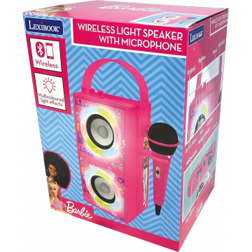 Lexibook Mattel Barbie-Altavoz portátil Bluetooth con micrófono, Karaoke, Efectos de luz, inalámbrico, USB, Tarjeta SD, batería Recargable, Rosa