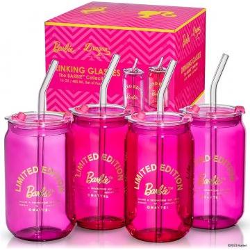 Dragon Glassware x Barbie Vasos para beber, vasos en forma de lata rosa y magenta, perfectos para café helado, batidos, cócteles, vienen con tapas extraíbles y pajitas de vidrio, capacidad de 16 oz