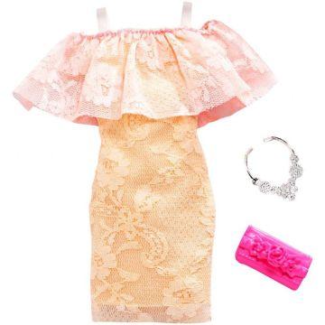 Barbie Looks Completos Ropa para Muñecas, Conjunto para Muñecas con Vestido de Encaje Bicolor y 2 Accesorios para Muñecas