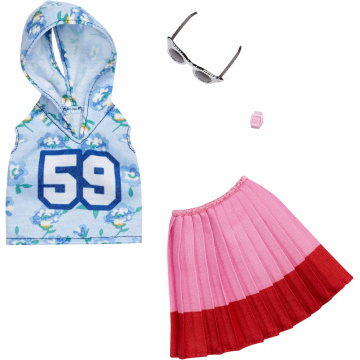 Modas Barbie Conjunto de noche: sudadera con capucha azul 59, falda rosa y gafas