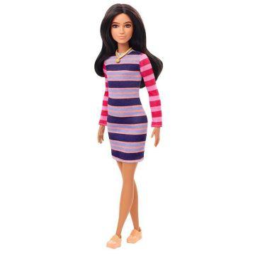 Muñeca Barbie Fashionistas #147con cabello moreno largo y vestido rayado