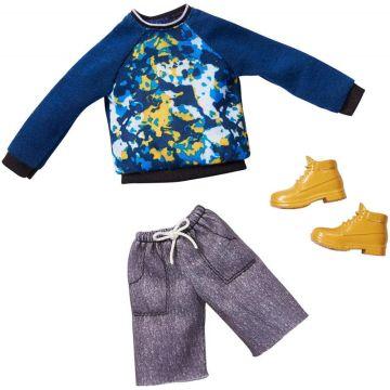 Paquete de moda de Barbie: ropa de muñeco Ken con sudadera con estampado azul, pantalones cortos grises y botas