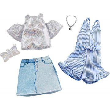 Ropa de Barbie: 2 trajes de muñeca que incluyen una camisa brillante, una falda y un mameluco con un bolso y un collar en forma de lazo