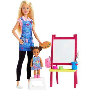 Juego de Barbie Art Teacher con muñeca rubia, muñeca niña pequeña, caballete y accesorios