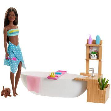 Barbie Fizzy Bath Doll and Playset, Brunette, with Tub, Puppy & More