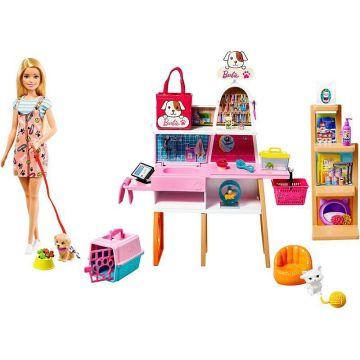 Muñeca Barbie (rubia de 11,5 pulgadas) y juego de boutique para mascotas con 4 mascotas, función de cuidado que cambia de color y accesorios