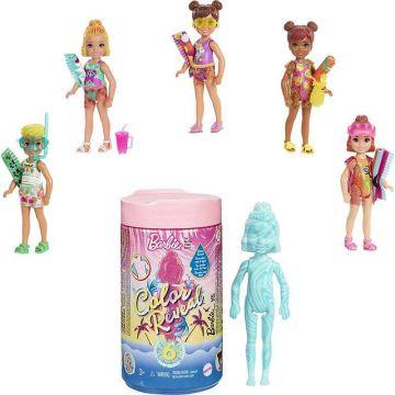 Muñeca Chelsea Barbie Color Reveal con 6 sorpresas, serie Sand & Sun, color azul mármol