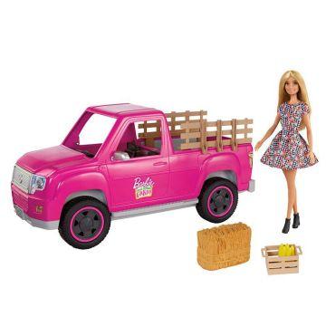 Juego de camioneta y muñeca Barbie Granja Huerto Dulce, muñeca Barbie rubia y camioneta rosa con puerta trasera funcional, fardo de heno, caja y maíz