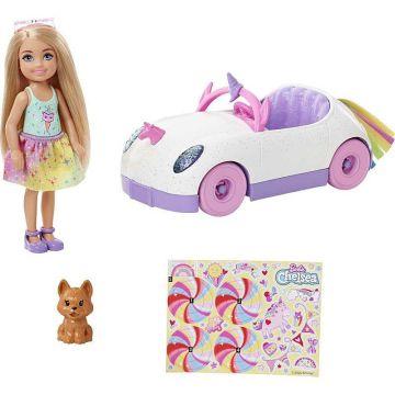 Muñeca Barbie Club Chelsea (rubia de 6 pulgadas) con auto de unicornio descapotable y hoja de calcomanías