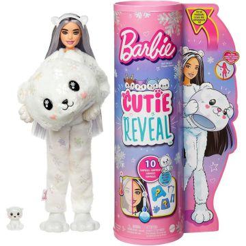 Muñeca Barbie Cutie Reveal - Muñeca con disfraz de oso polar con mascota, cambio de color, brillo de copo de nieve