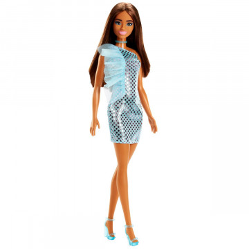 Muñeca Barbie Glitz con vestido metálico verde azulado