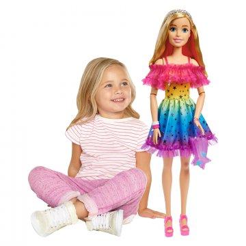 Muñeca Barbie grande, 28 pulgadas de alto, cabello rubio y vestido de arcoíris