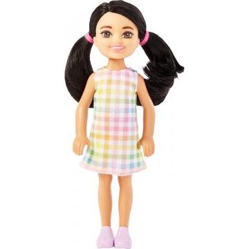 Muñeca Chelsea Barbie, muñeca pequeña con vestido a cuadros removible con cabello negro y ojos marrones