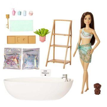 Juego de muñeca Barbie castaña y bañera con jabón de confeti y accesorios
