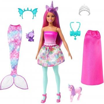 Muñeca Barbie y mascotas de fantasía, muñeca disfrazada, cola de sirena y falda