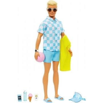 Muñeco Ken rubio con bañador y accesorios de playa
