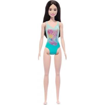 Muñeca Barbie de playa con cabello negro y traje de baño azul tropical