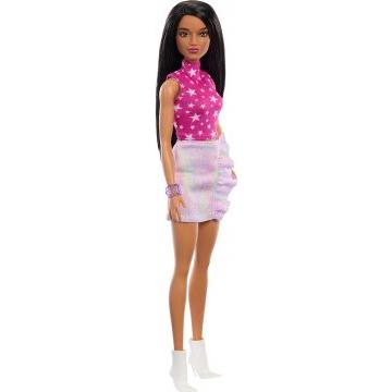 Muñeca Barbie Fashionistas #215 con top rosa con estampado de estrellas y falda iridiscente