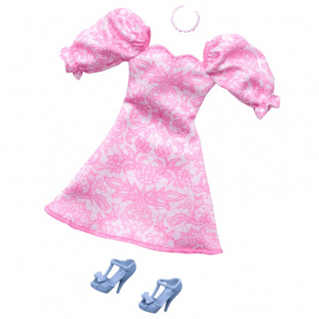 Ropa para muñeca Barbie, paquete de moda con vestido rosa con mangas abullonadas y accesorios (1 atuendo)