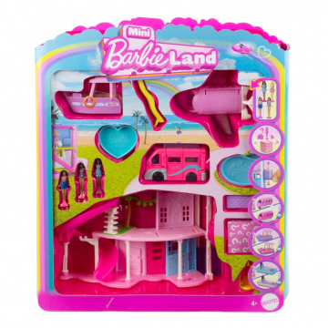 Barbie Mini Barbieland Dreamhouse y juego de 3 vehículos con 4 muñecas, muebles y accesorios de 1,5 pulgadas