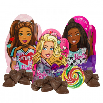 Barbie Valentines Corazones con sabor a chocolate con leche, caramelos envueltos individualmente, relleno de cesta de regalo, 2.5 onzas (paquete de 3) accesorio de remolino de caramelo incluido