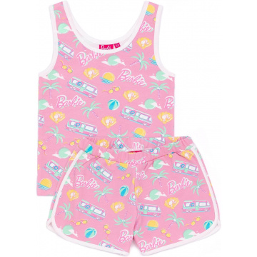 Barbie Girls 2 Piece Co-Ord | Chaleco rosa para niños y conjunto de pantalones cortos | Palmeras Gafas de sol Ropa de verano
