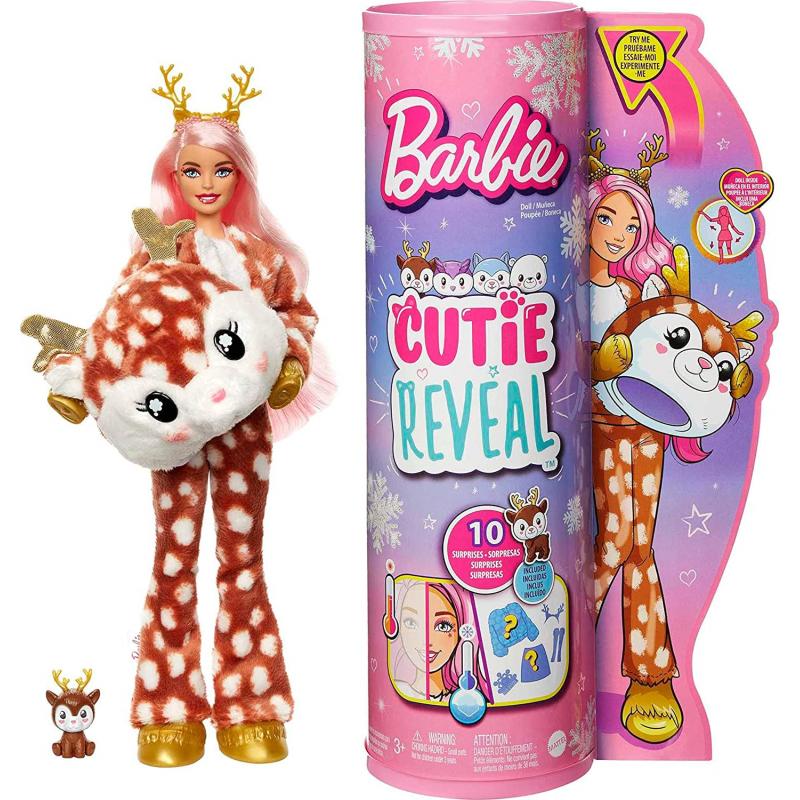 Muñeca Barbie Cutie Reveal Ciervo -  Muñeca de peluche con mascota, cambio de color, copo de nieve brillante