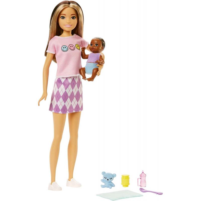 Muñecas Barbie y accesorios, muñeca Skipper con figura de bebé y 5 accesorios, Babysitters Inc. Playset