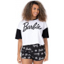 Barbie Pijama Mujer | Camiseta Blanca Boxy Fit Crop Logo de muñeca de señora con Pantalones Cortos elásticos Negros
