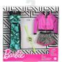 Barbie Fashions - Juego de ropa de 2 piezas, 2 trajes de muñeca que incluyen chaqueta deportiva rosa, pantalones cortos grises, vestido azul con estampado tropical y 2 accesorios