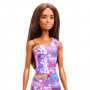 Muñeca Barbie con vestido y estampado del logo de Barbie en color morado