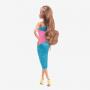 Muñeca Barbie Looks #17, Morena, vestido a media pierna con un solo hombro en bloques de color