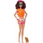 Muñeca Barbie con tabla de surf y cachorro, muñeca Barbie playera morena articulada