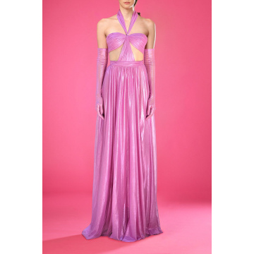 Pink silk foiled tulle dress with cut-outs