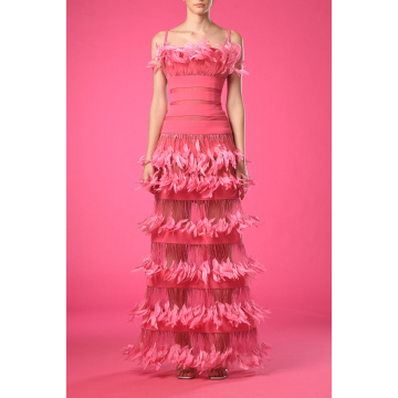 Pink dress with layered feathers