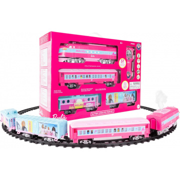 Tren de juguete de calibre O de batería de Barbie de Lionel Mattel con control remoto, locomotora, vagones de tren y vías con sonidos de tren auténticos, luces y efectos de humo de vapor de agua