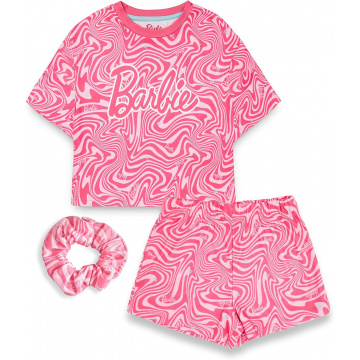Barbie Conjunto de Pijama Girls | Paquete de Pijamas con Estampado Rosa de Manga Corta y Pantalones Cortos con Pijamas con coletero