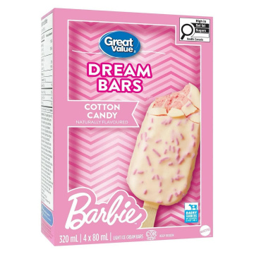 Great Value Barbie Naturally Flavoured Cotton Candy Light Ice Cream Bars, 4 x 80 mL