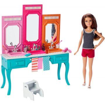 Set de juego de accesorios de tocador de baño Hermanas Barbie con muñeca Skipper 