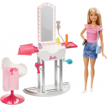 Muñeca Barbie y Salón (rubia)