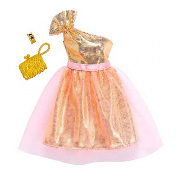 Barbie Fashions Look completo Vestido dorado de 1 hombro con conjunto de tul rosa
