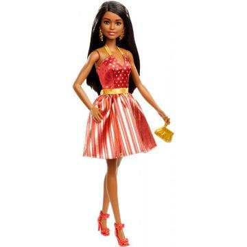 Muñeca Barbie Holiday vestido rojo y dorado (AA)