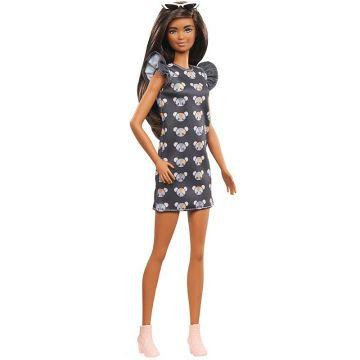 Muñeca Barbie Fashionistas #140 con vestido largo morena y estampado de ratón