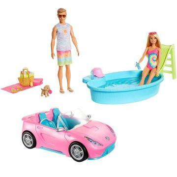 Set de regalo de Barbie con coche convertible, piscina, muñeca Barbie y muñeca Ken  en traje de baño