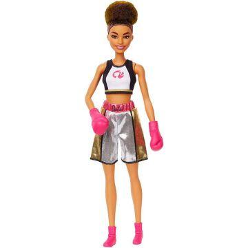 Muñeca Barbie boxeadora, Morena, Vistiendo traje de boxeo con guantes de boxeo rosas