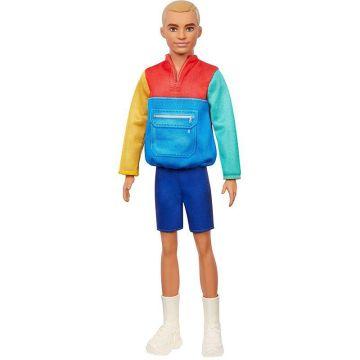 Muñeco Ken Barbie Fashionistas163 Esbelto con cabello rubio esculpido con blusa estilo chaqueta con bloques de color, pantalones cortos azules y botas blancas